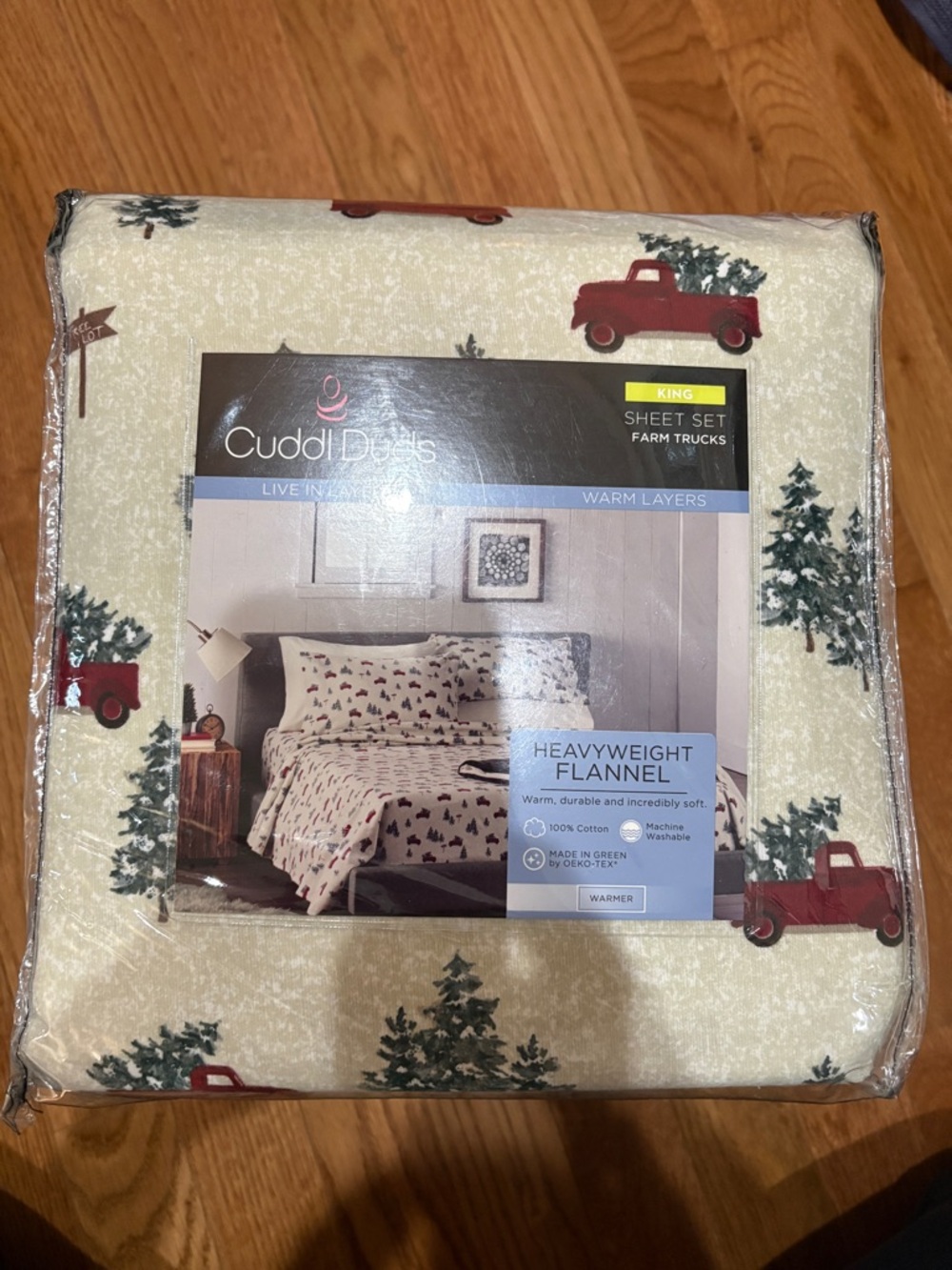 Cuddl Duds King Flannel Sheet Set - Cream with Red Trucks and Green Trees